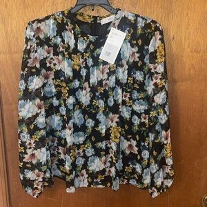 Mango Black Floral Pleated Long-Sleeve Blouse with Blue and Yellow Blooms